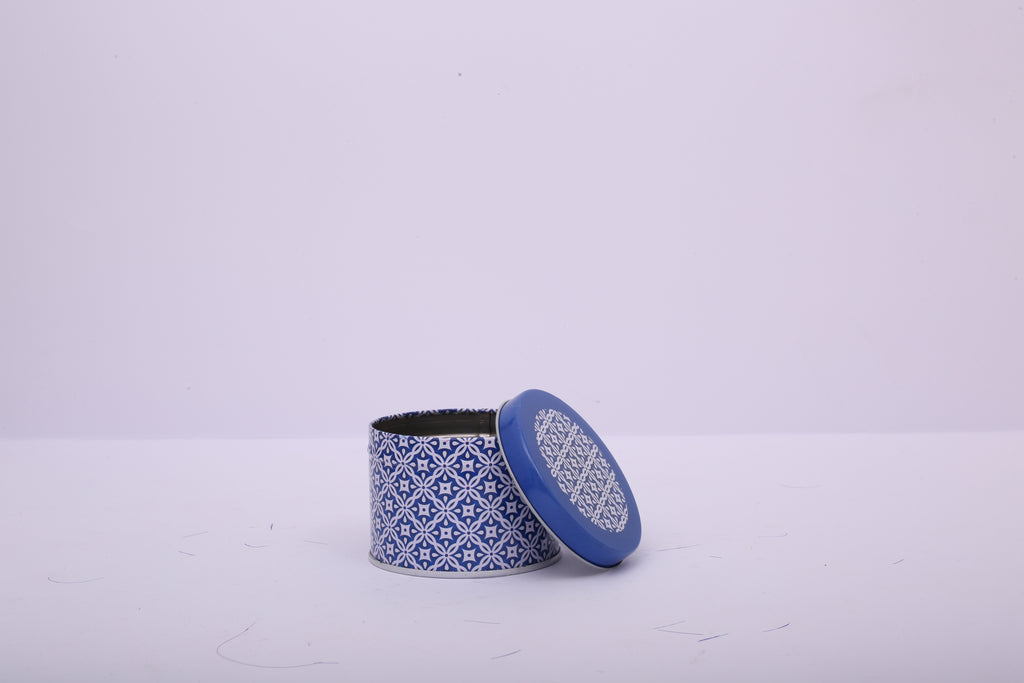 Round Tin Gift Box – Blue Pattern | Gift & Candle Container
